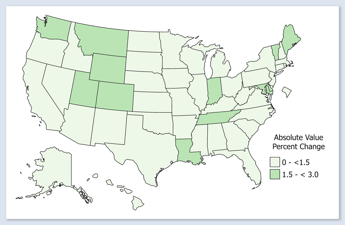 Mortality Rates Absolute Value Percent Change for Diagnosis Year 2020 (New 2023 Vintage - 2022 Vintage)/Vintage 2022 - Breast map