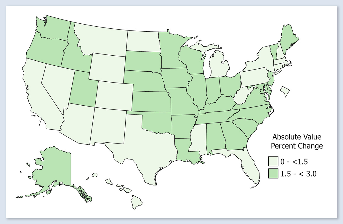 Mortality Rates Absolute Value Percent Change for Diagnosis Year 2020 (New 2023 Vintage - 2022 Vintage)/Vintage 2022 - Prostate map