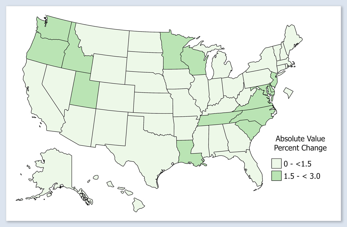 Mortality Rates Absolute Value Percent Change for Diagnosis Year 2020 (New 2023 Vintage - 2022 Vintage)/Vintage 2022 - All Cancer Sites map